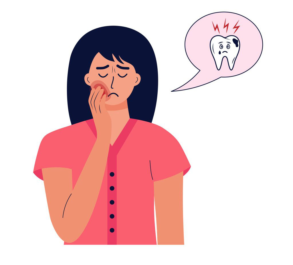 Woman holding her cheek in pain with a thought bubble showing a hurting tooth.