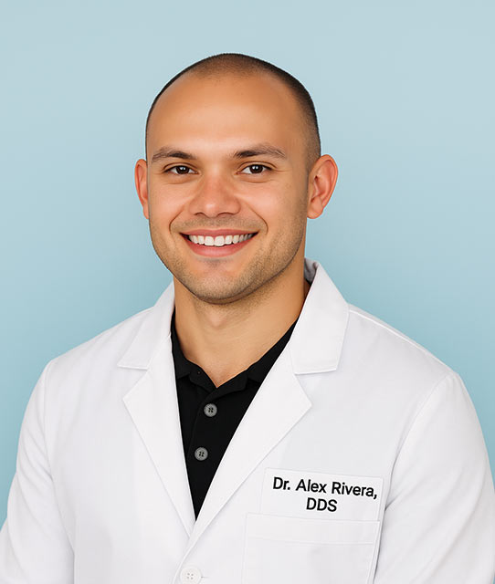 dr-alex Smiling man in a white lab coat with "Dr. Alex Rivera, DDS" on the pocket, standing against a light blue background.