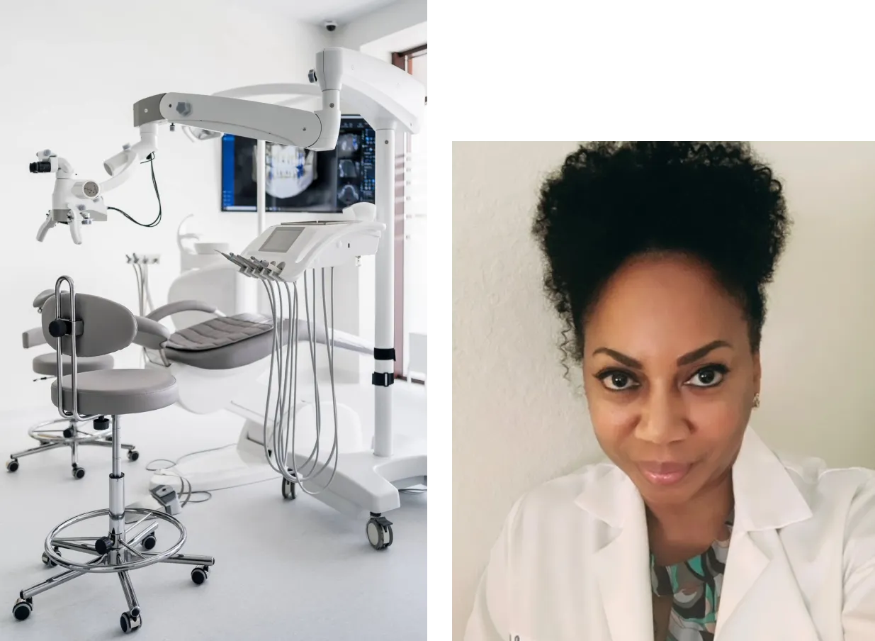 dr-jackson-2 A dental office with equipment and a woman in a white coat smiling at the camera.
