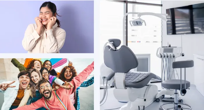 ds-2 A smiling woman, a joyful group of people, and a modern dental clinic chair and equipment.