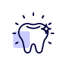 Outlined tooth with sparkles, symbolizing cleanliness or dental health, and a purple square background accent.