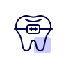 Outline of a tooth with braces icon, symbolizing orthodontics, on a white background with a purple accent.