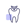 Line drawing of a tooth with a smiling mouth above it and a small purple square in the background.
