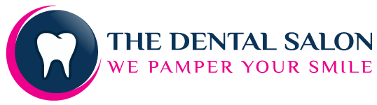 Logo with a tooth icon and the text: "The Dental Salon - We Pamper Your Smile" in blue and pink.