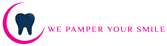 Logo with a dark blue tooth, pink crescent, and text: "The Dental Salon. We Pamper Your Smile.