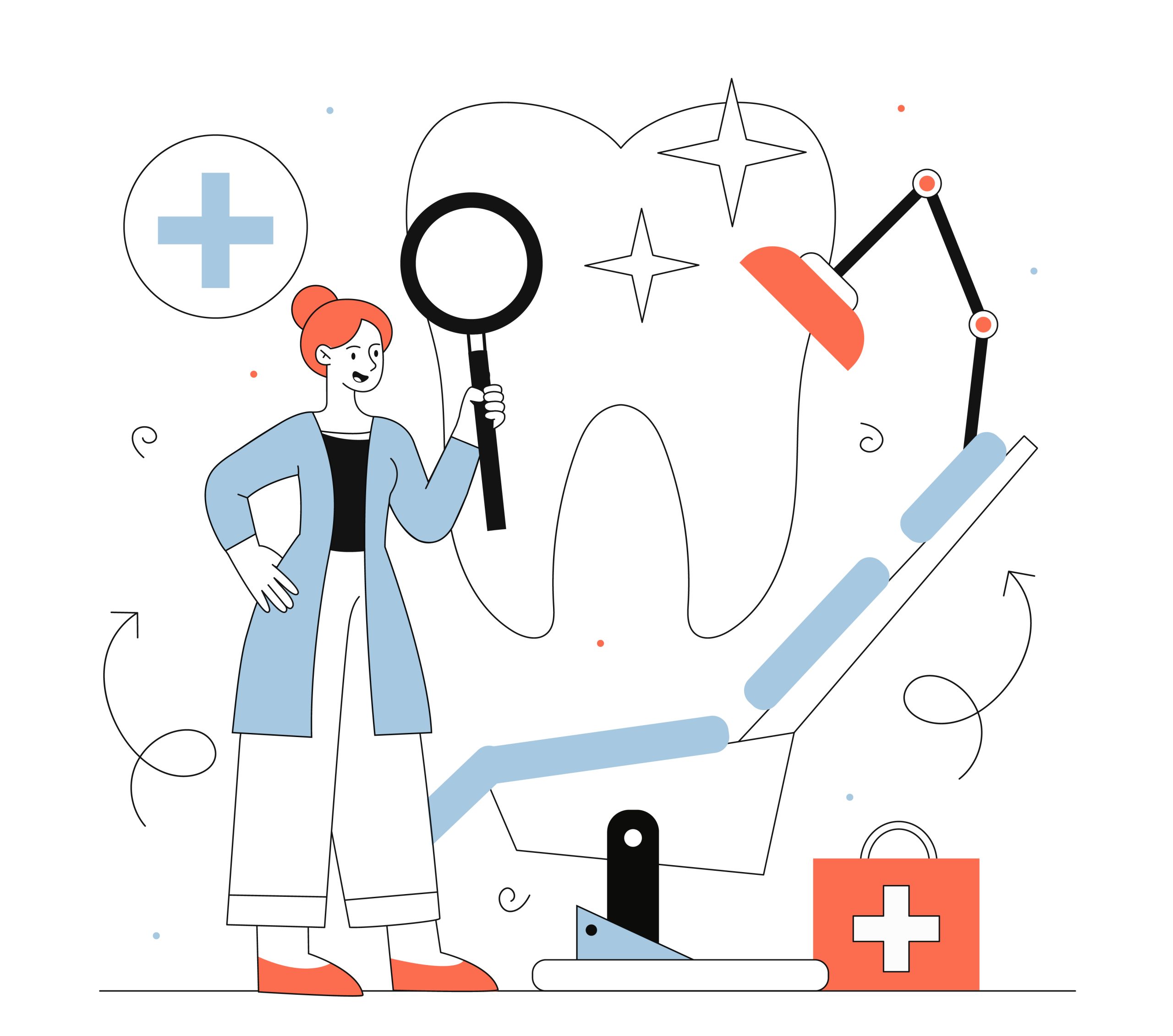 Cartoon dentist holding magnifying glass beside a dental chair and a large tooth illustration.